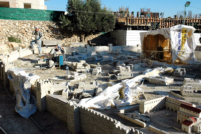 Model of the Second Temple being dismantled by workmen, Nov. 10, 2005. Photo by Ferrell Jenkins, BiblicalStudies.info.